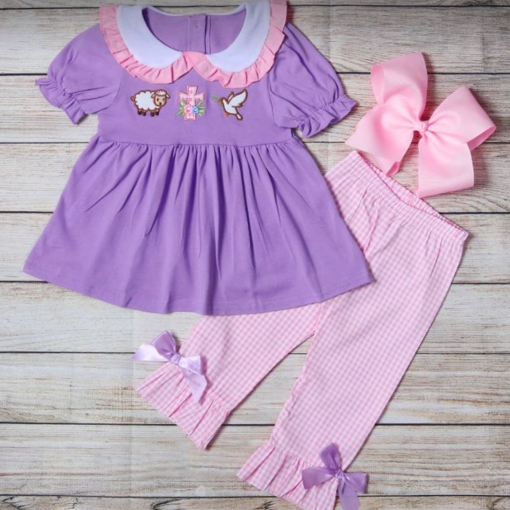 EMBROIDERED EASTER APPLIQUE LILAC TOP AND PLAID PANTS OUTFIT